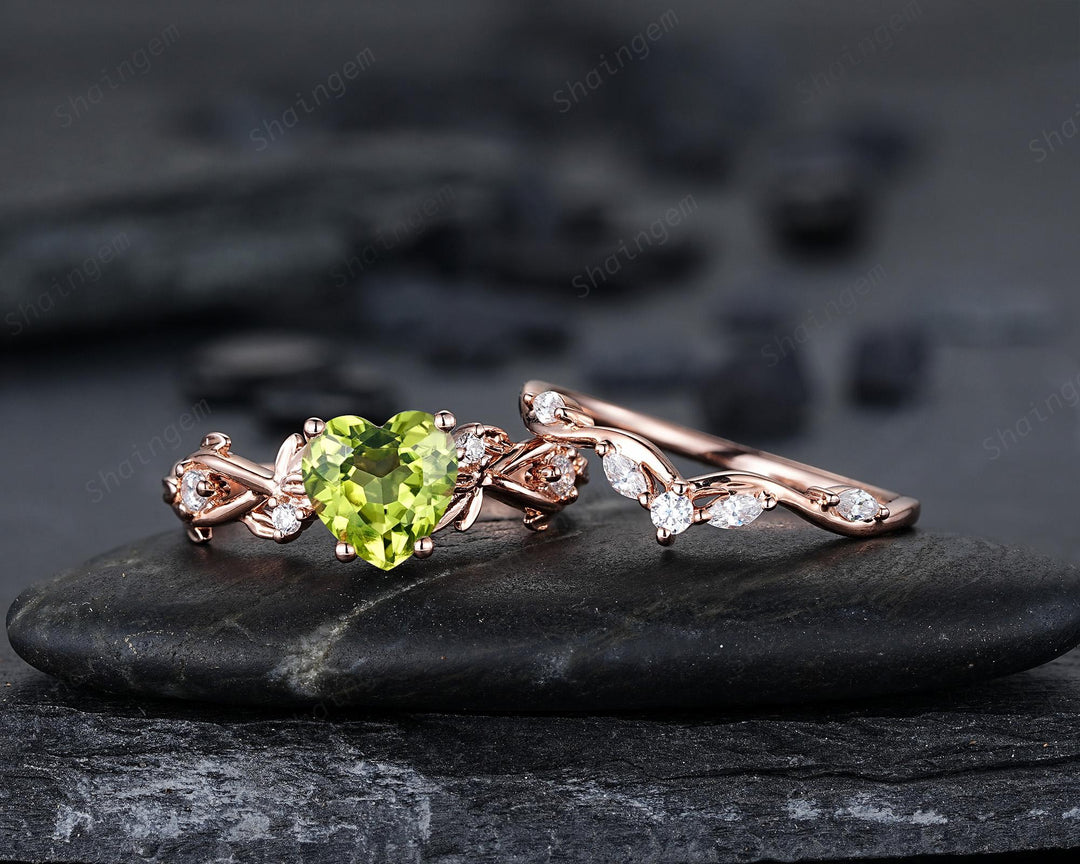 Heart Shape Natural Peridot Diamond Engagement Ring Set: Unique Rose Gold Twig Branch Love Promise Ring Anniversary Gift, August Birthstone - ShainJewelry
