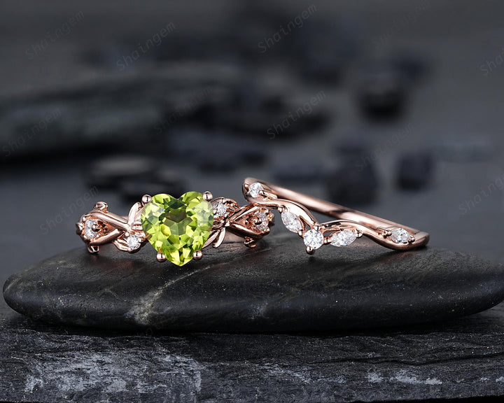 Heart Shape Natural Peridot Diamond Engagement Ring Set: Unique Rose Gold Twig Branch Love Promise Ring Anniversary Gift, August Birthstone - ShainJewelry