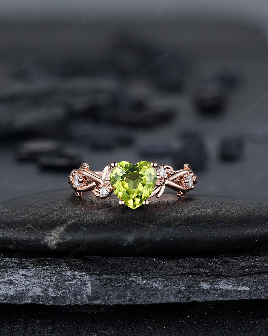 Heart Shape Natural Peridot Diamond Engagement Ring Set: Unique Rose Gold Twig Branch Love Promise Ring Anniversary Gift, August Birthstone - ShainJewelry