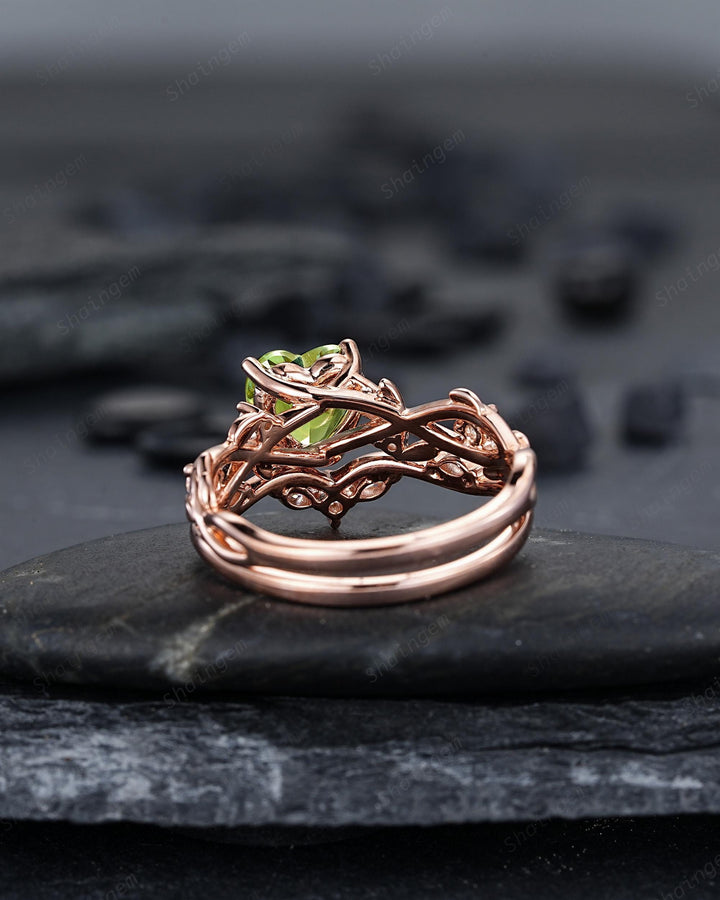 Heart Shape Natural Peridot Diamond Engagement Ring Set: Unique Rose Gold Twig Branch Love Promise Ring Anniversary Gift, August Birthstone - ShainJewelry