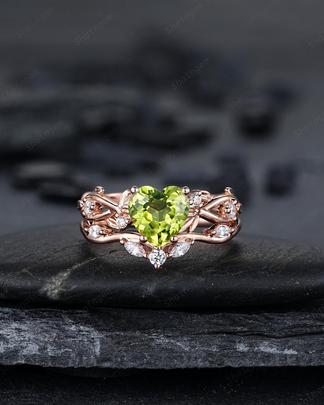 Heart Shape Natural Peridot Diamond Engagement Ring Set: Unique Rose Gold Twig Branch Love Promise Ring Anniversary Gift, August Birthstone - ShainJewelry