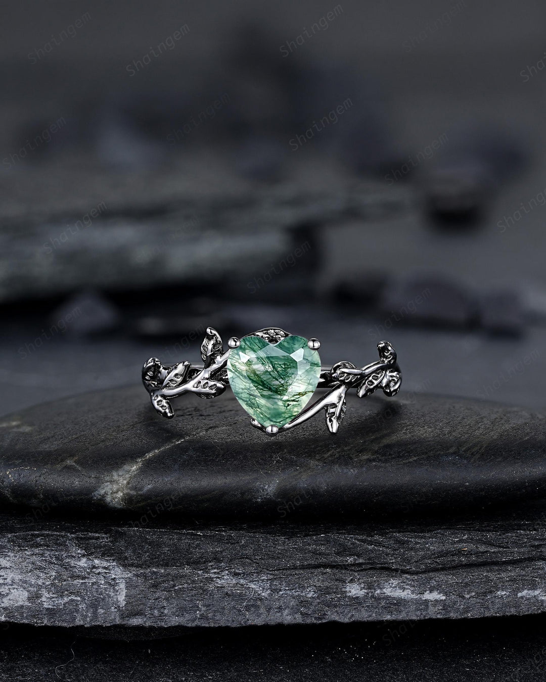 Gothic Heart Shape Moss Agate Engagement Ring: Dark Black Rhodium Twig Branch Promise Ring, Punk Vine Wedding Ring, Solitaire One Stone - ShainJewelry