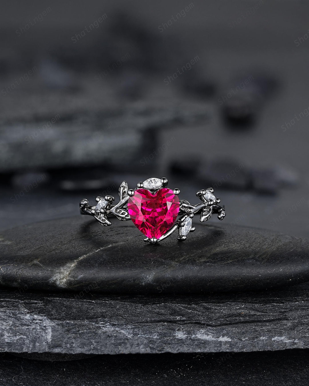 Gothic Heart Shape Ruby Engagement Ring Set: Dark Black Rhodium Promise Ring, Twig Leaf Wedding Ring, Black Gold Rings, July Birthstone - ShainJewelry