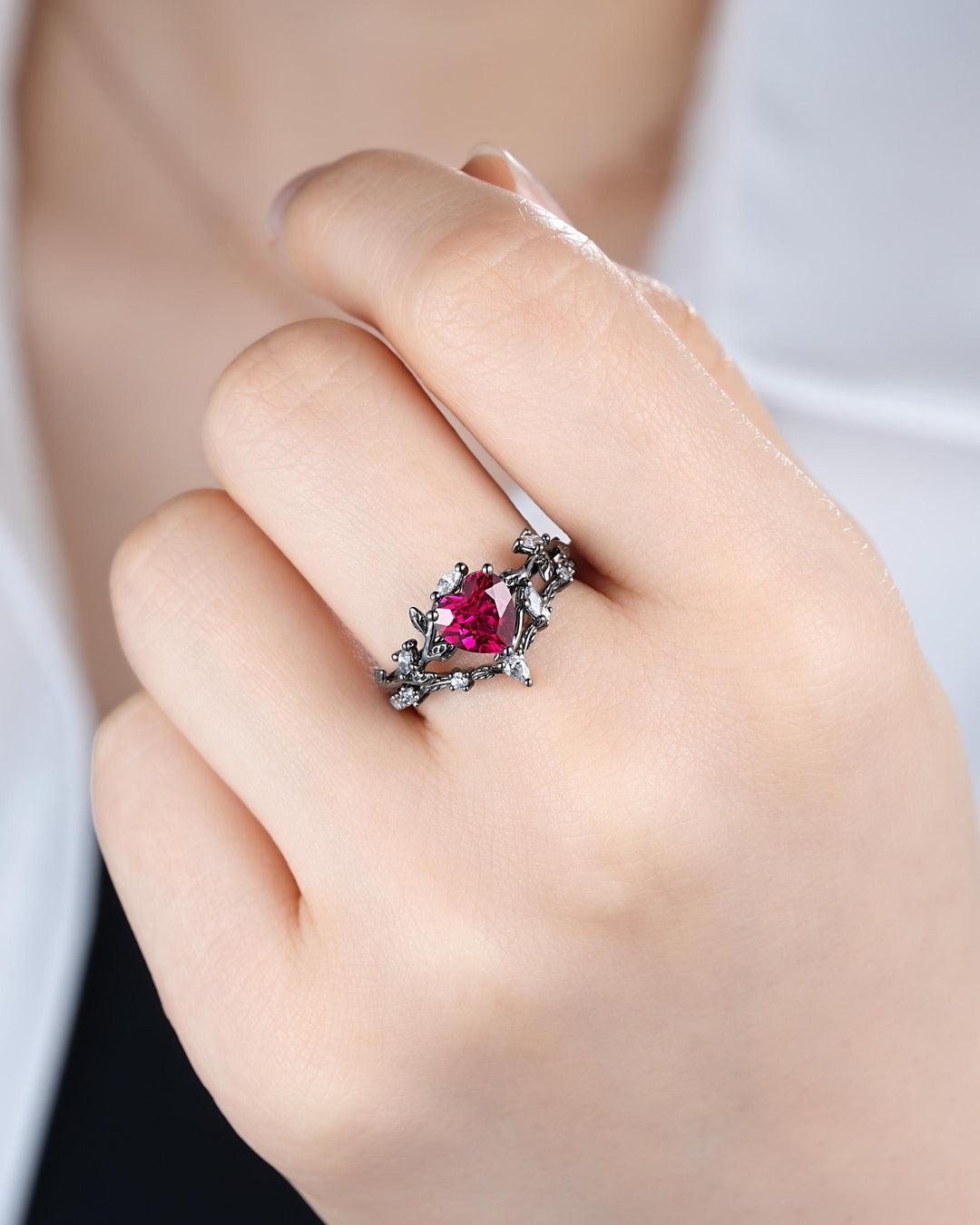 Gothic Heart Shape Ruby Engagement Ring Set: Dark Black Rhodium Promise Ring, Twig Leaf Wedding Ring, Black Gold Rings, July Birthstone - ShainJewelry