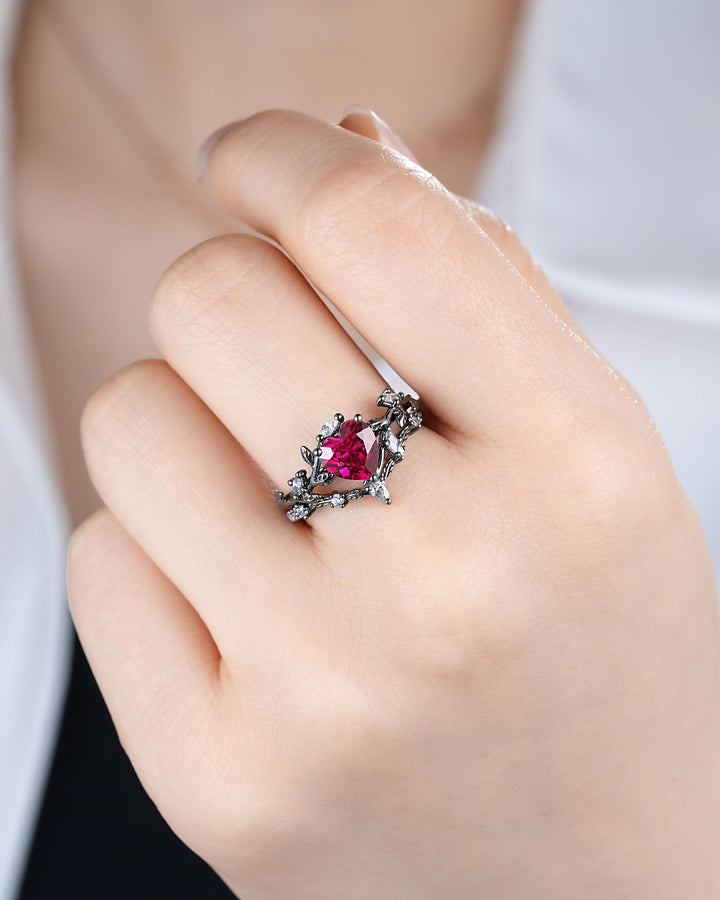 Gothic Heart Shape Ruby Engagement Ring Set: Dark Black Rhodium Promise Ring, Twig Leaf Wedding Ring, Black Gold Rings, July Birthstone - ShainJewelry