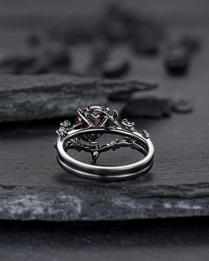 Gothic Heart Shape Ruby Engagement Ring Set: Dark Black Rhodium Promise Ring, Twig Leaf Wedding Ring, Black Gold Rings, July Birthstone - ShainJewelry