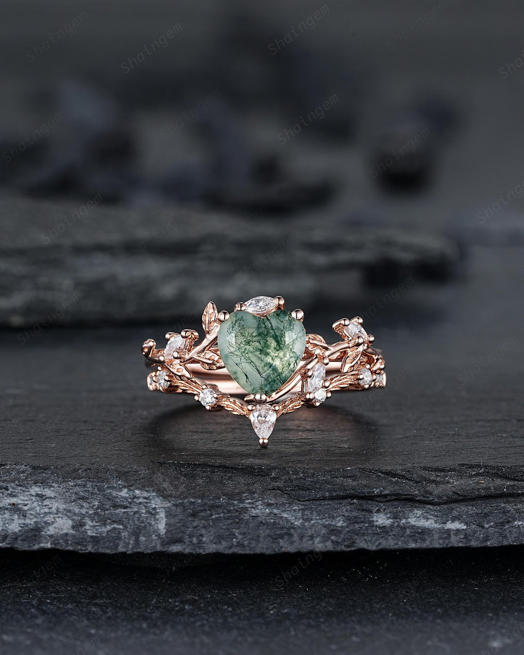 Heart Shape Moss Agate Engagement Ring: Rose Gold Twig Branch Vine Leaf Wedding Set, Nature Inspired Promise Ring, 24K Gold Plated, Platinum - ShainJewelry