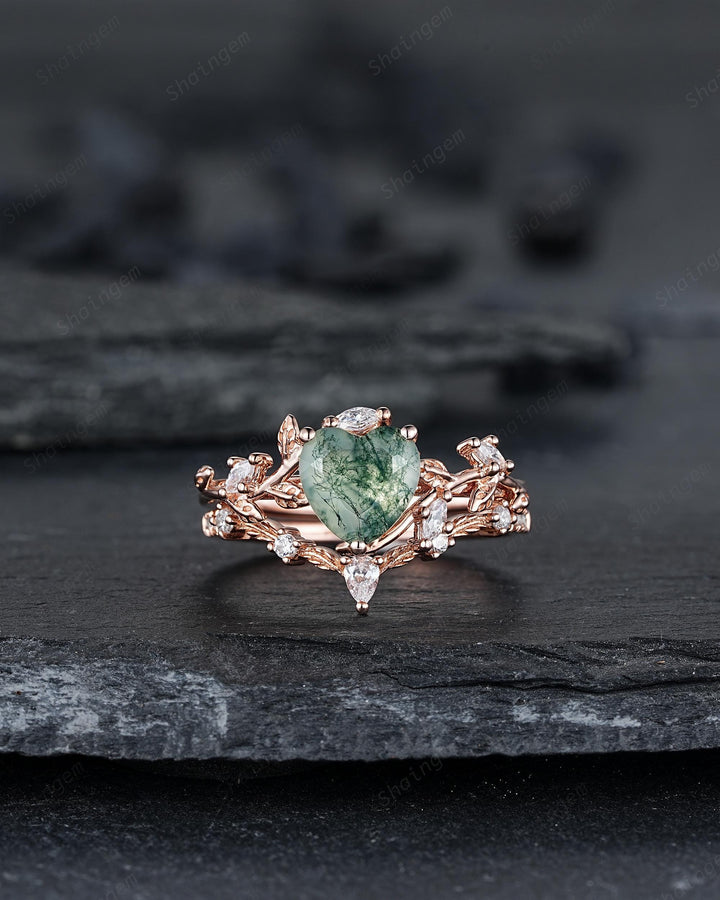 Heart Shape Moss Agate Engagement Ring: Rose Gold Twig Branch Vine Leaf Wedding Set, Nature Inspired Promise Ring, 24K Gold Plated, Platinum - ShainJewelry