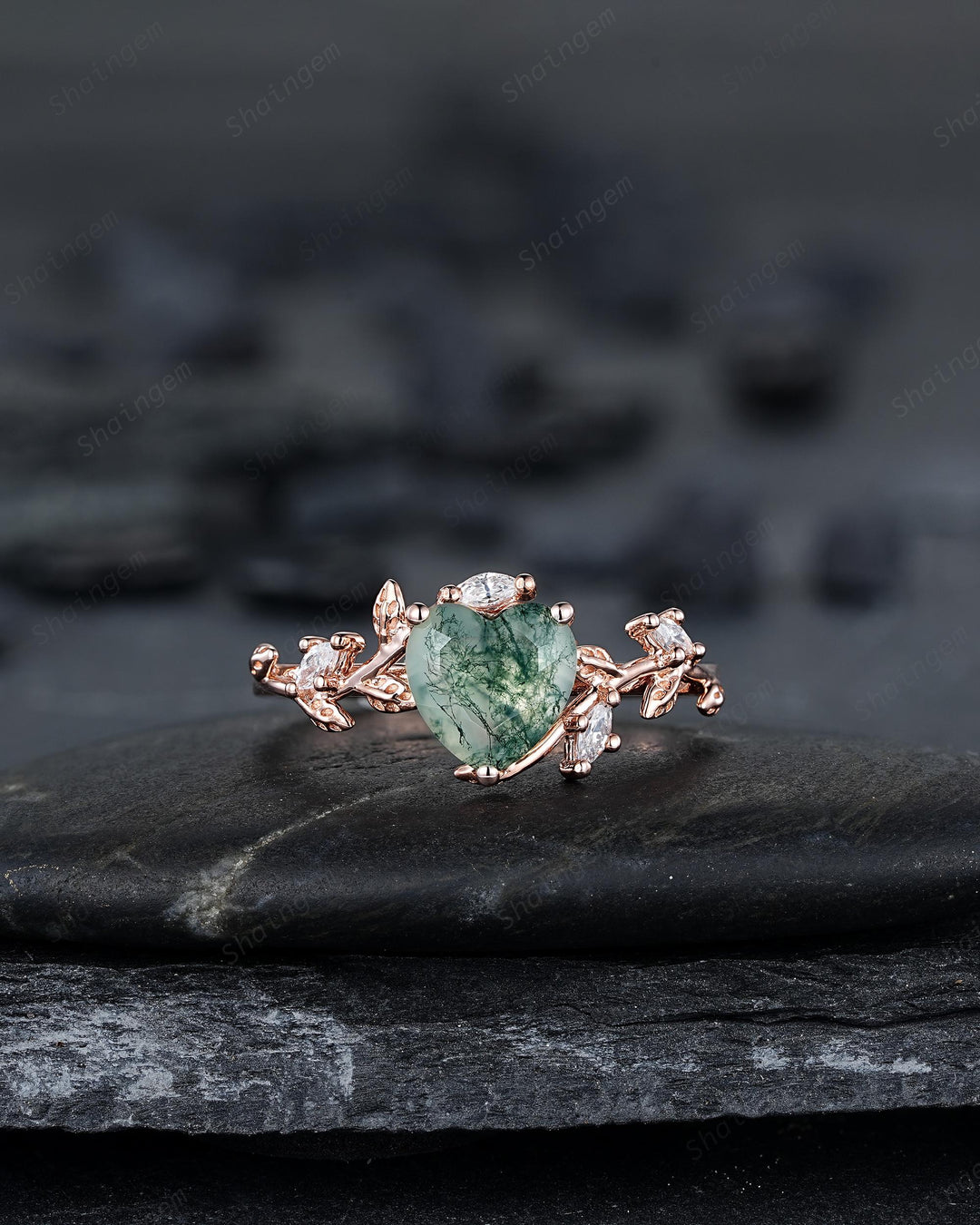 Heart Shape Moss Agate Engagement Ring: Rose Gold Twig Branch Vine Leaf Wedding Set, Nature Inspired Promise Ring, 24K Gold Plated, Platinum - ShainJewelry