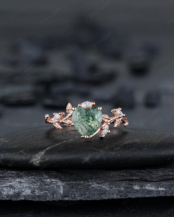 Heart Shape Moss Agate Engagement Ring: Rose Gold Twig Branch Vine Leaf Wedding Set, Nature Inspired Promise Ring, 24K Gold Plated, Platinum - ShainJewelry