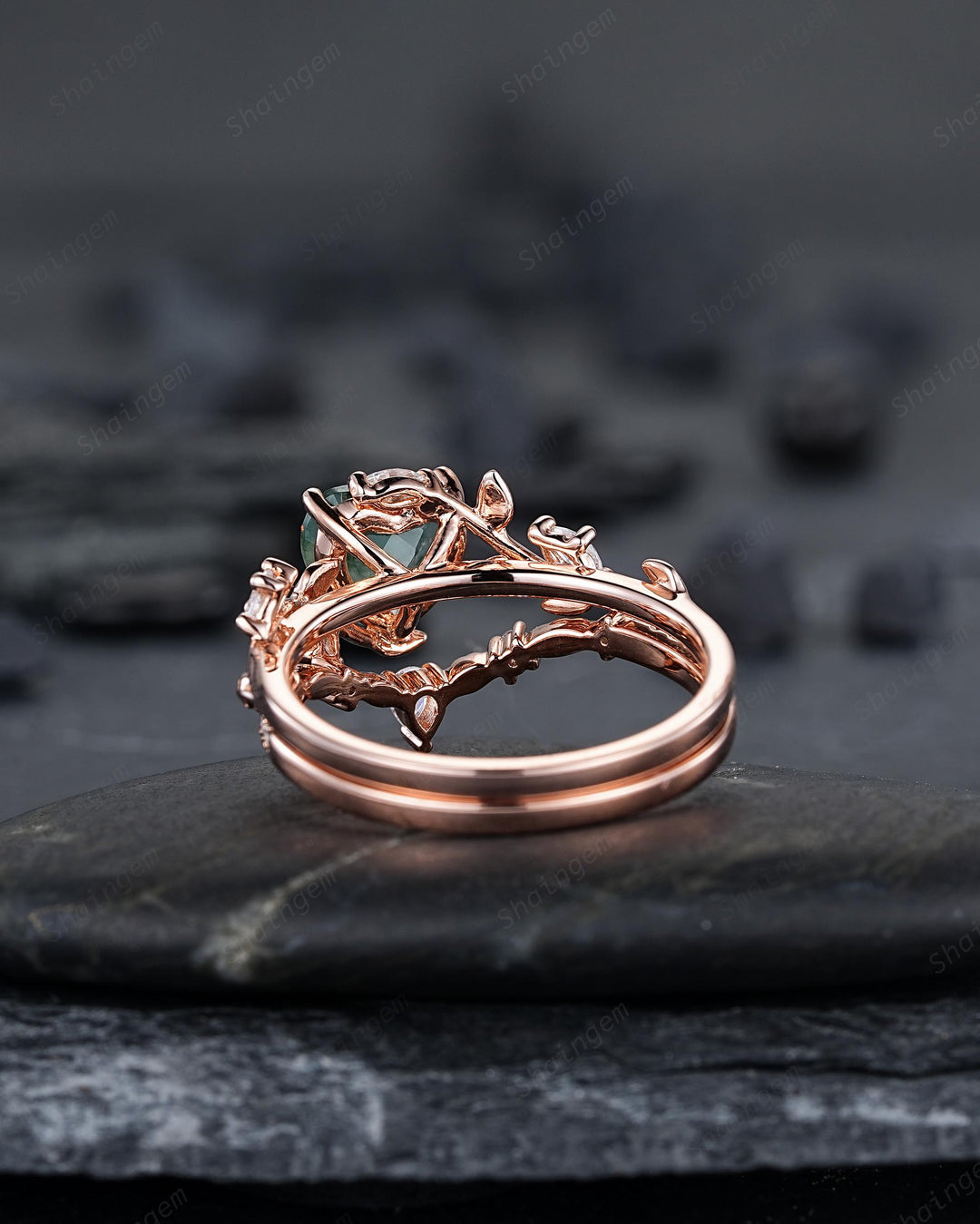 Heart Shape Moss Agate Engagement Ring: Rose Gold Twig Branch Vine Leaf Wedding Set, Nature Inspired Promise Ring, 24K Gold Plated, Platinum - ShainJewelry