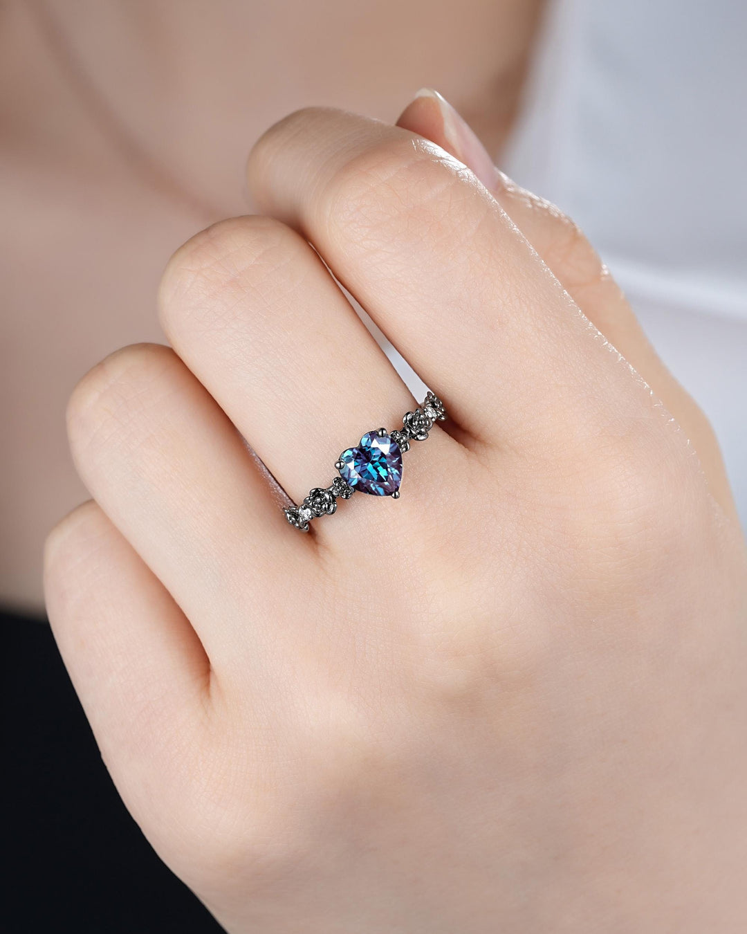 Gothic Black Gold Heart Shape Alexandrite Engagement Ring, Rhodium Black Love Promise Ring, Witchy Rose Flower Promise Anniversary Ring Gift - ShainJewelry
