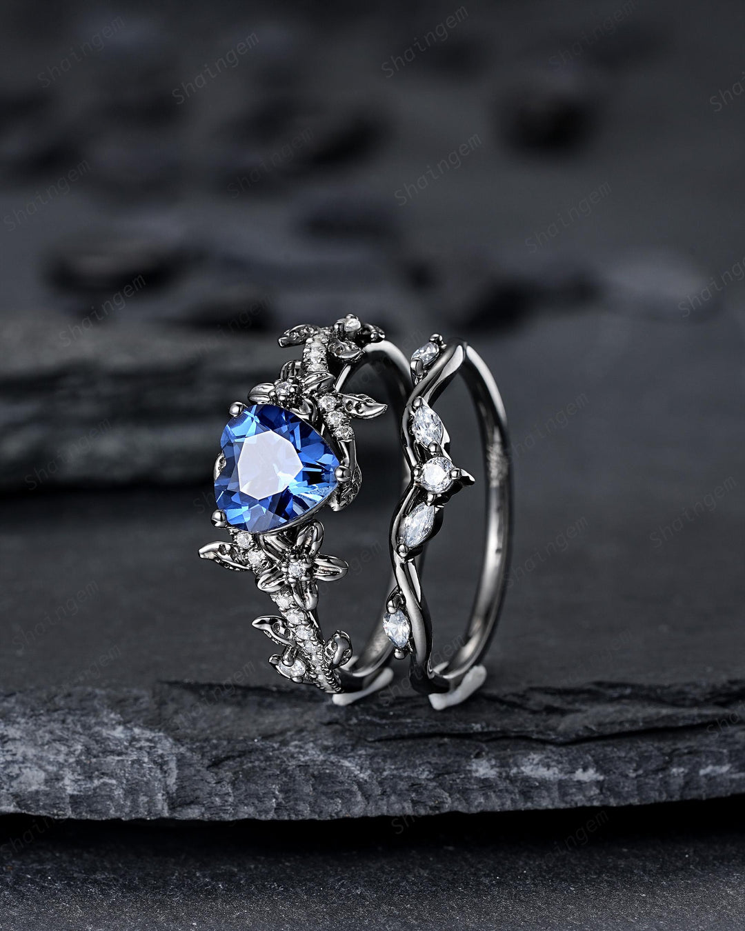 Gothic Heart Shape Lab Grown Sapphire Engagement Ring Set: Dark Black Rhodium Promise Ring, Twig Leaf Wedding Ring, Black Gold Floral Rings - ShainJewelry