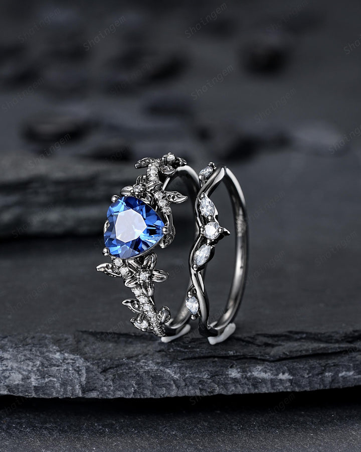 Gothic Heart Shape Lab Grown Sapphire Engagement Ring Set: Dark Black Rhodium Promise Ring, Twig Leaf Wedding Ring, Black Gold Floral Rings - ShainJewelry