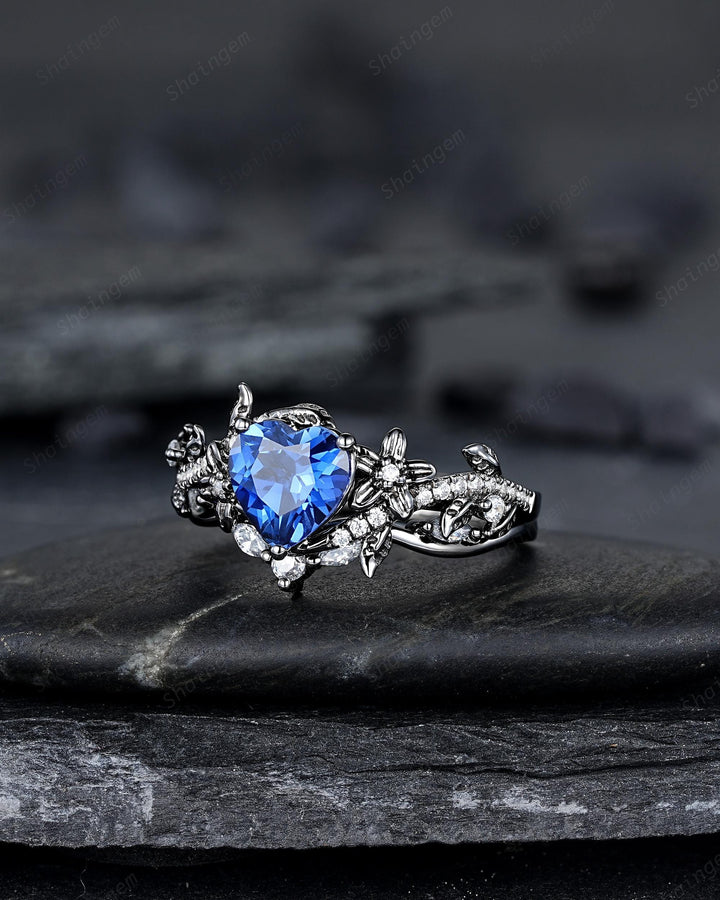 Gothic Heart Shape Lab Grown Sapphire Engagement Ring Set: Dark Black Rhodium Promise Ring, Twig Leaf Wedding Ring, Black Gold Floral Rings - ShainJewelry