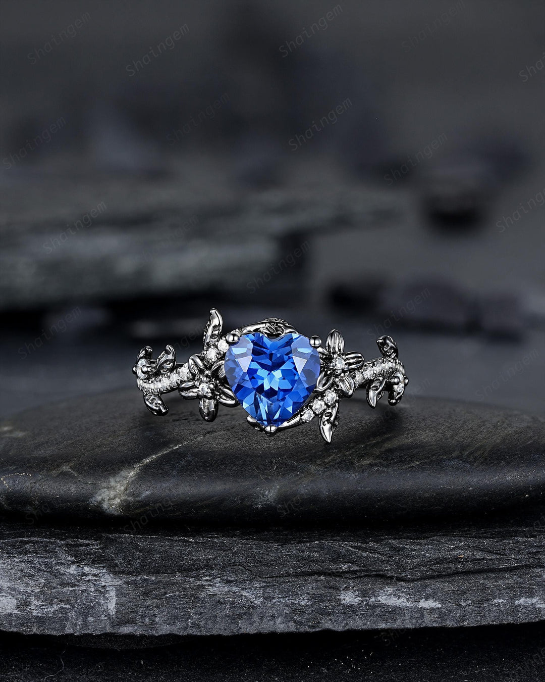 Gothic Heart Shape Lab Grown Sapphire Engagement Ring Set: Dark Black Rhodium Promise Ring, Twig Leaf Wedding Ring, Black Gold Floral Rings - ShainJewelry