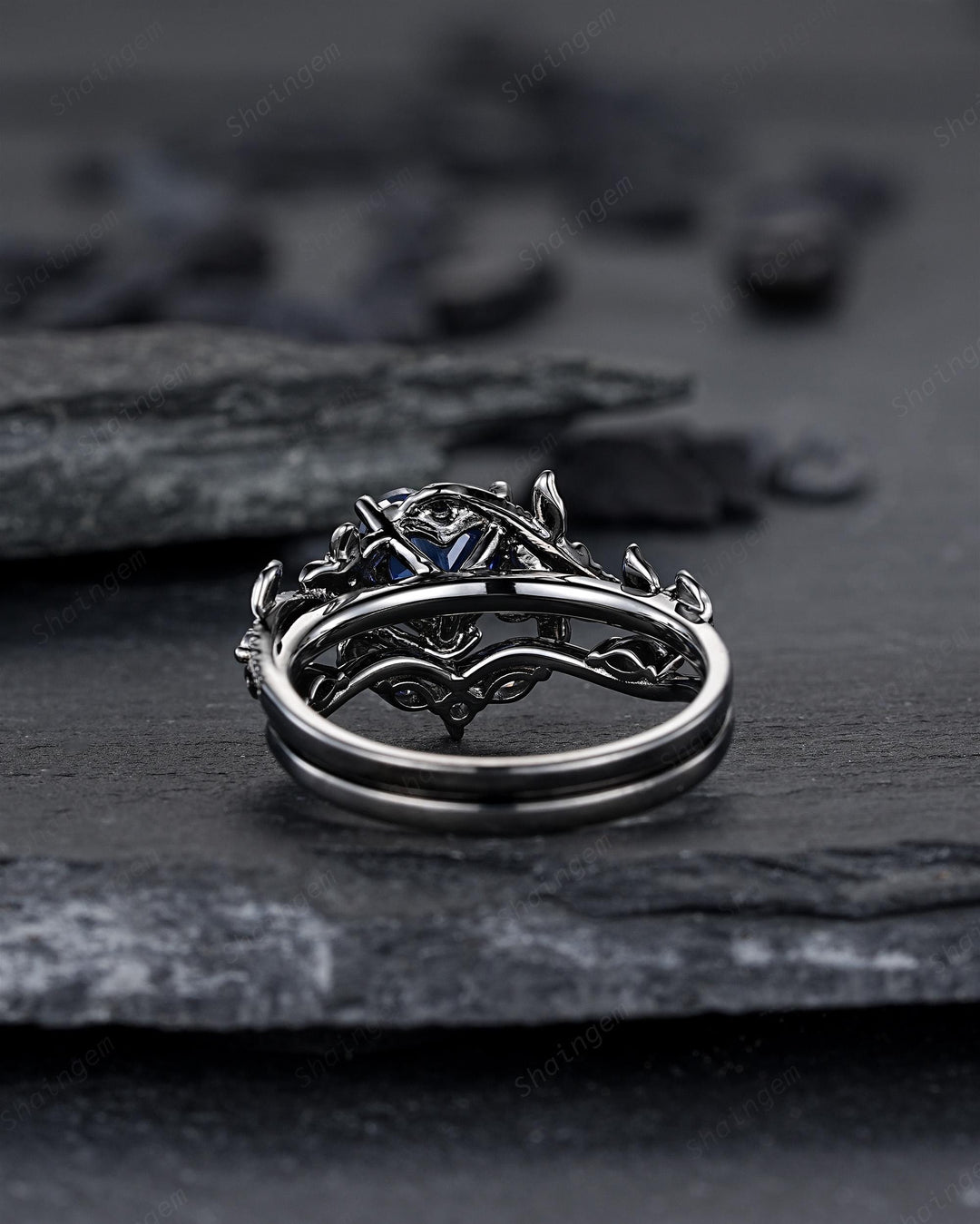 Gothic Heart Shape Lab Grown Sapphire Engagement Ring Set: Dark Black Rhodium Promise Ring, Twig Leaf Wedding Ring, Black Gold Floral Rings - ShainJewelry