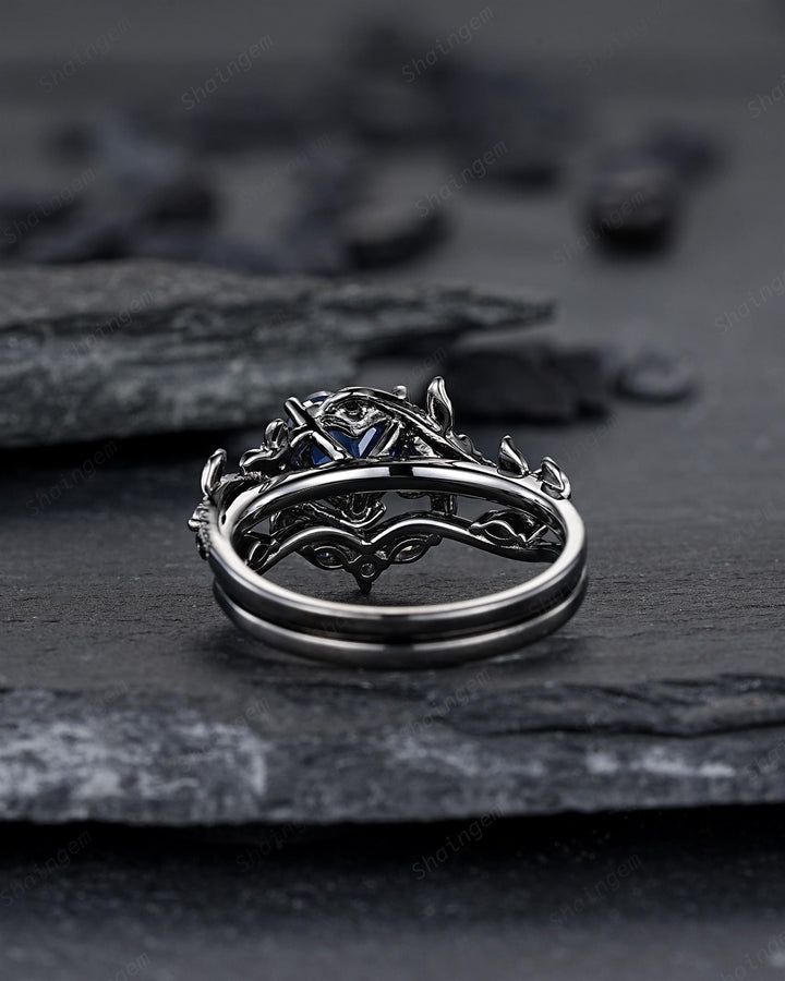 Gothic Heart Shape Lab Grown Sapphire Engagement Ring Set: Dark Black Rhodium Promise Ring, Twig Leaf Wedding Ring, Black Gold Floral Rings - ShainJewelry