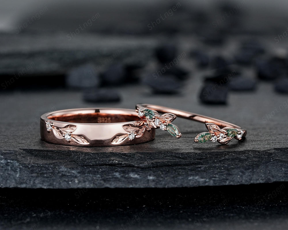 Nature Inspired Engraved Leaf His and Hers Couple Ring Set: Open Gap Rose Gold Moss Agate Wedding Band, Men & Women Matching Band 24K Plated - ShainJewelry