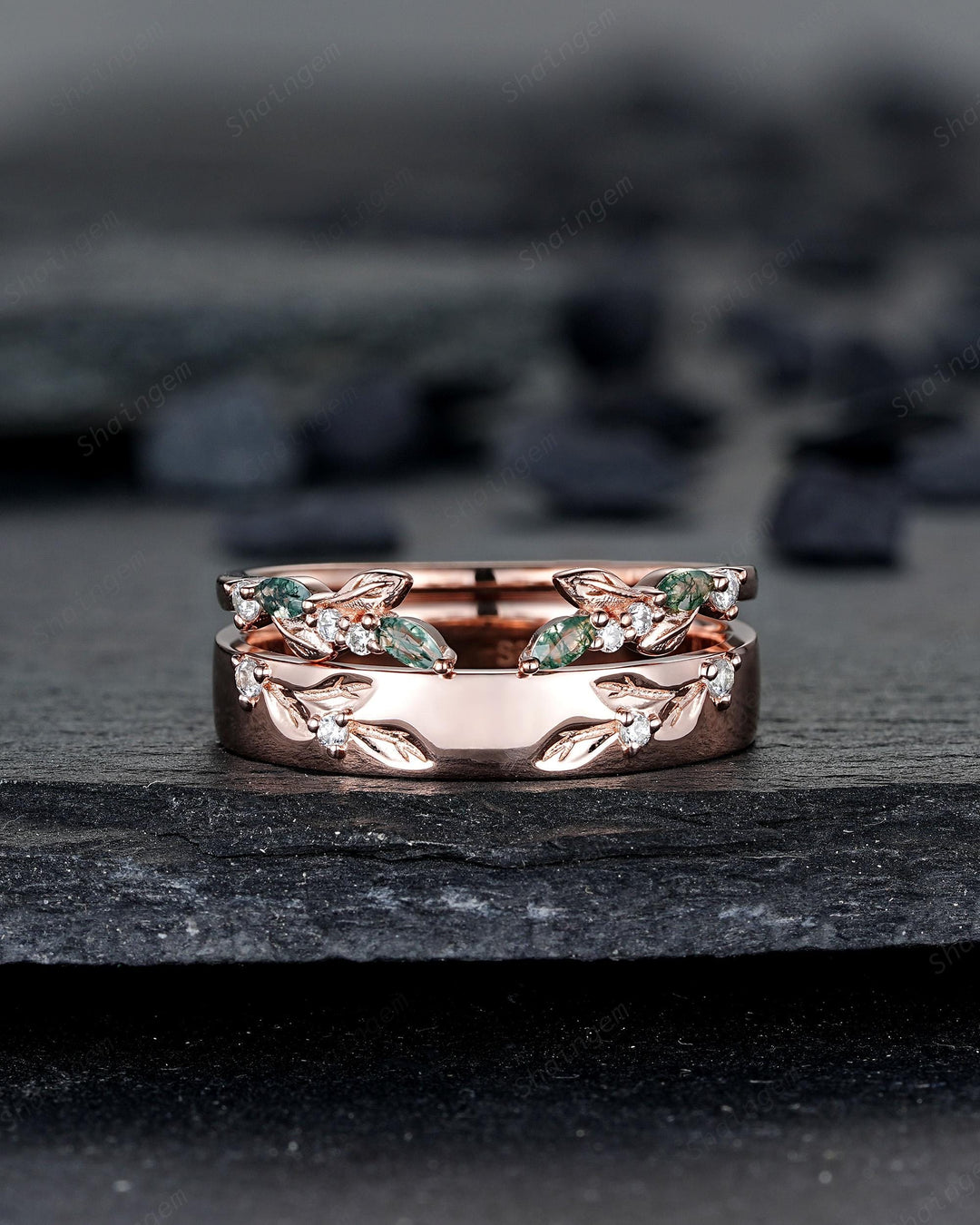 Nature Inspired Engraved Leaf His and Hers Couple Ring Set: Open Gap Rose Gold Moss Agate Wedding Band, Men & Women Matching Band 24K Plated - ShainJewelry