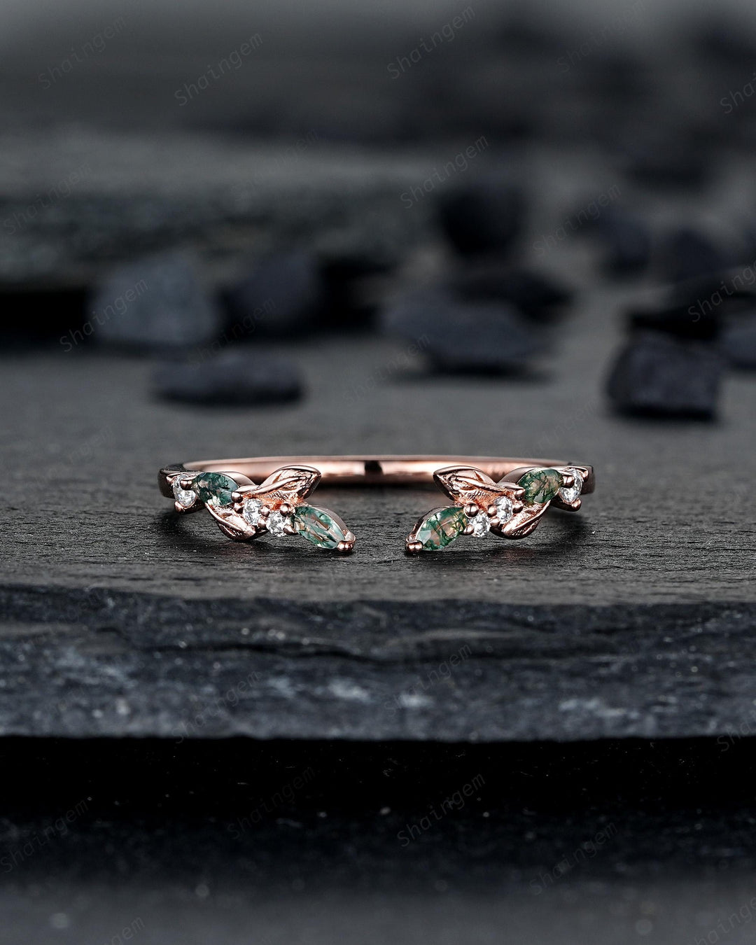 Nature Inspired Engraved Leaf His and Hers Couple Ring Set: Open Gap Rose Gold Moss Agate Wedding Band, Men & Women Matching Band 24K Plated - ShainJewelry