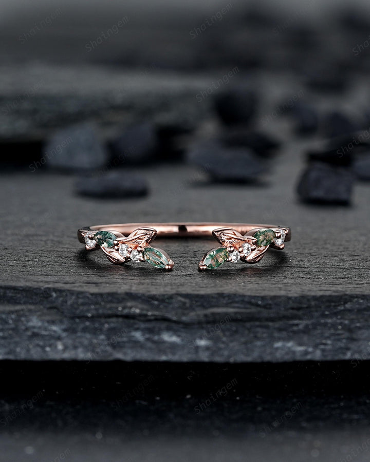 Nature Inspired Engraved Leaf His and Hers Couple Ring Set: Open Gap Rose Gold Moss Agate Wedding Band, Men & Women Matching Band 24K Plated - ShainJewelry