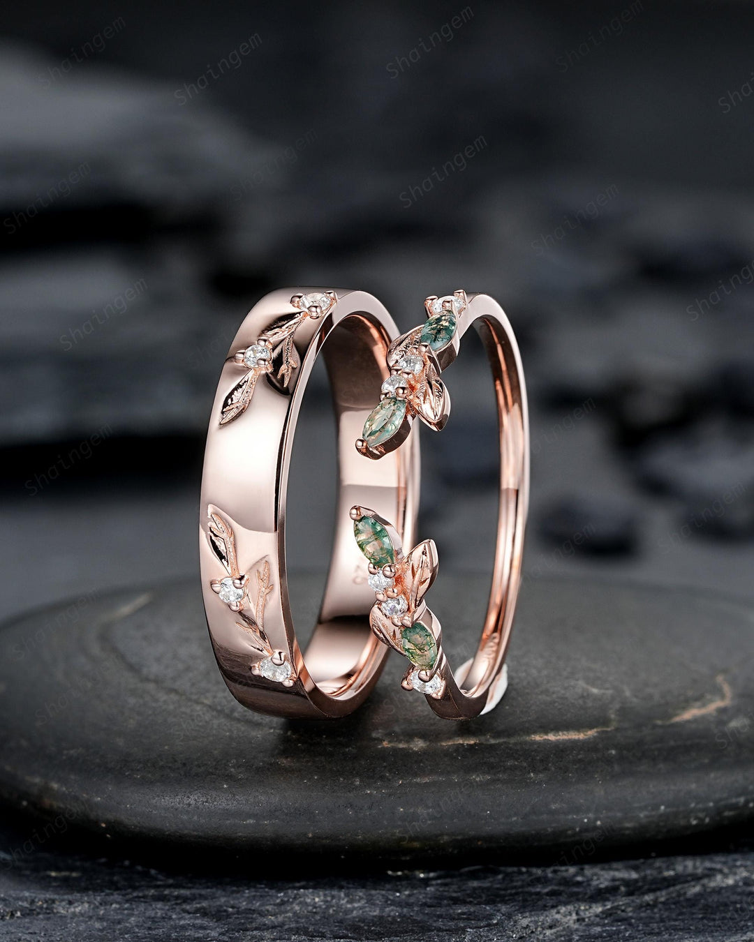 Nature Inspired Engraved Leaf His and Hers Couple Ring Set: Open Gap Rose Gold Moss Agate Wedding Band, Men & Women Matching Band 24K Plated - ShainJewelry