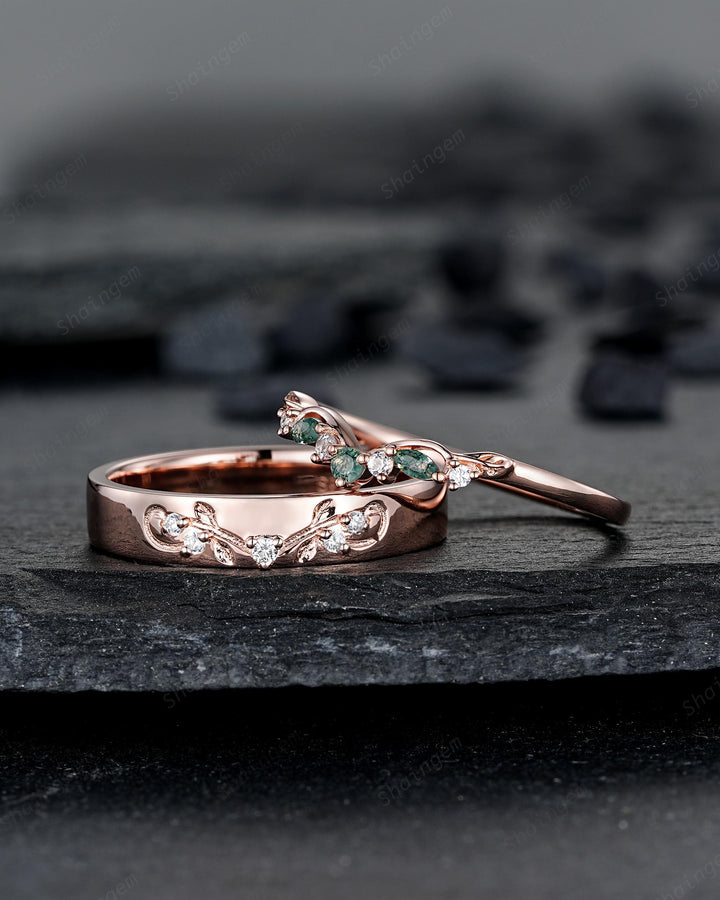 Nature Inspired Engraved Leaf His and Hers Couple Ring Set: Rose Gold Moss Agate Wedding Bands, Men & Women Matching Bands, Engagement Band - ShainJewelry