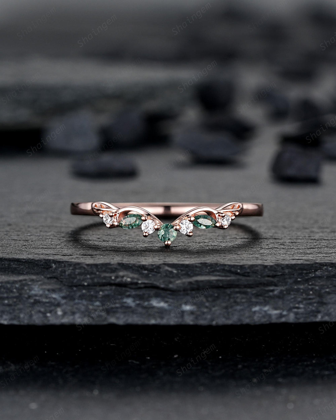 Nature Inspired Engraved Leaf His and Hers Couple Ring Set: Rose Gold Moss Agate Wedding Bands, Men & Women Matching Bands, Engagement Band - ShainJewelry