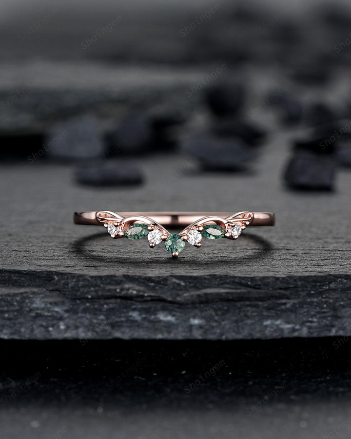 Nature Inspired Engraved Leaf His and Hers Couple Ring Set: Rose Gold Moss Agate Wedding Bands, Men & Women Matching Bands, Engagement Band - ShainJewelry