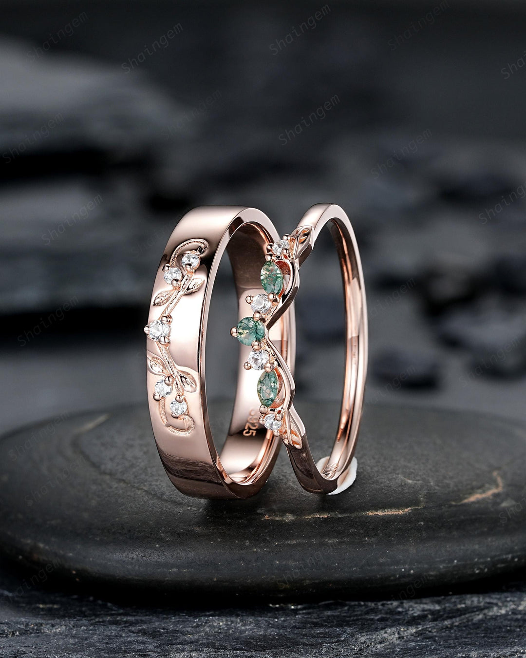 Nature Inspired Engraved Leaf His and Hers Couple Ring Set: Rose Gold Moss Agate Wedding Bands, Men & Women Matching Bands, Engagement Band - ShainJewelry