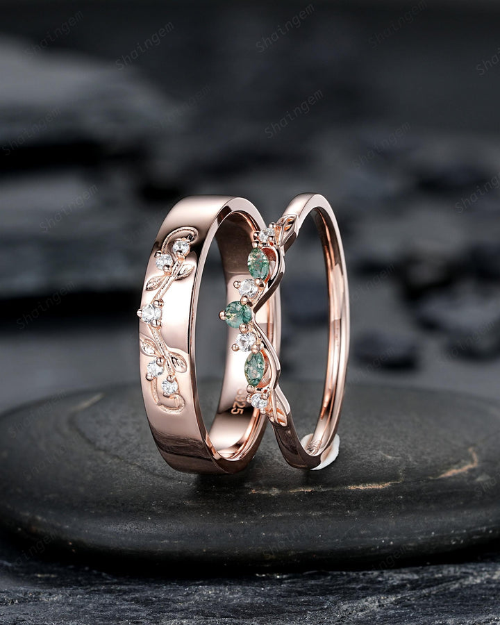 Nature Inspired Engraved Leaf His and Hers Couple Ring Set: Rose Gold Moss Agate Wedding Bands, Men & Women Matching Bands, Engagement Band - ShainJewelry