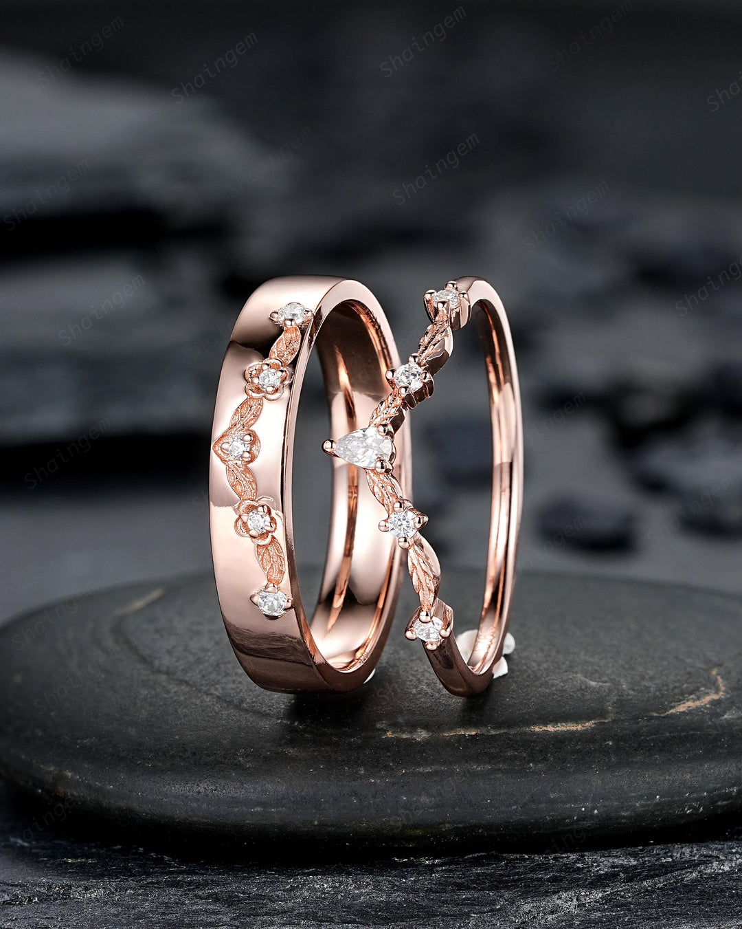 Engraved Leaf His and Hers Diamond Couple Ring Set: Rose Gold Moissanite Wedding Band, Engagement Promise Men's Women's Matching Band - ShainJewelry
