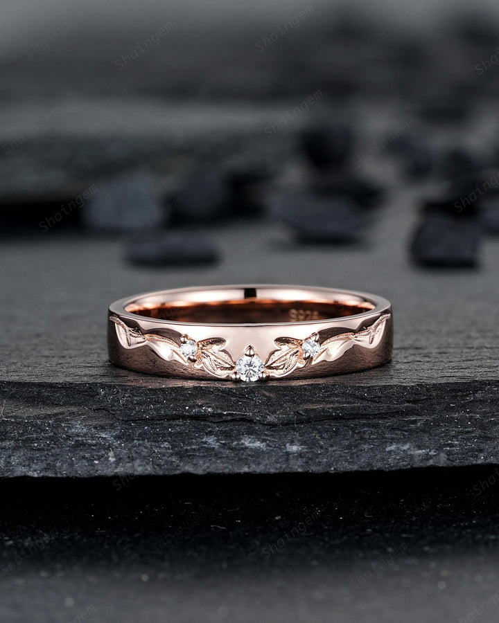Engraved Leaf His and Hers Couple Ring Set: Rose Gold Moss Agate Wedding Bands, Men & Women Matching Bands, Engagement Band 24K Gold Plated - ShainJewelry