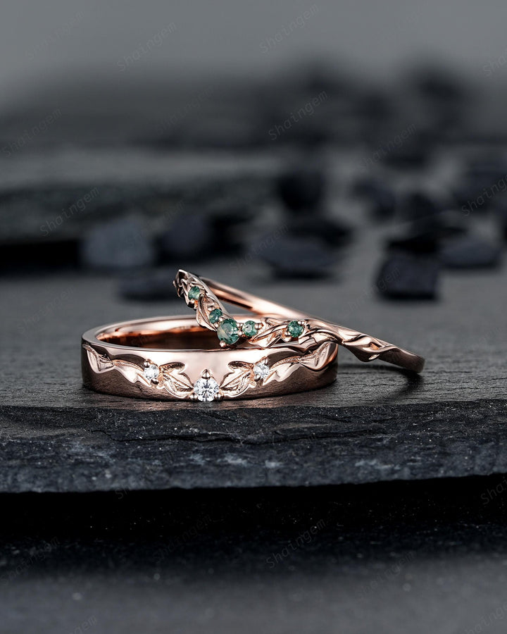 Engraved Leaf His and Hers Couple Ring Set: Rose Gold Moss Agate Wedding Bands, Men & Women Matching Bands, Engagement Band 24K Gold Plated - ShainJewelry