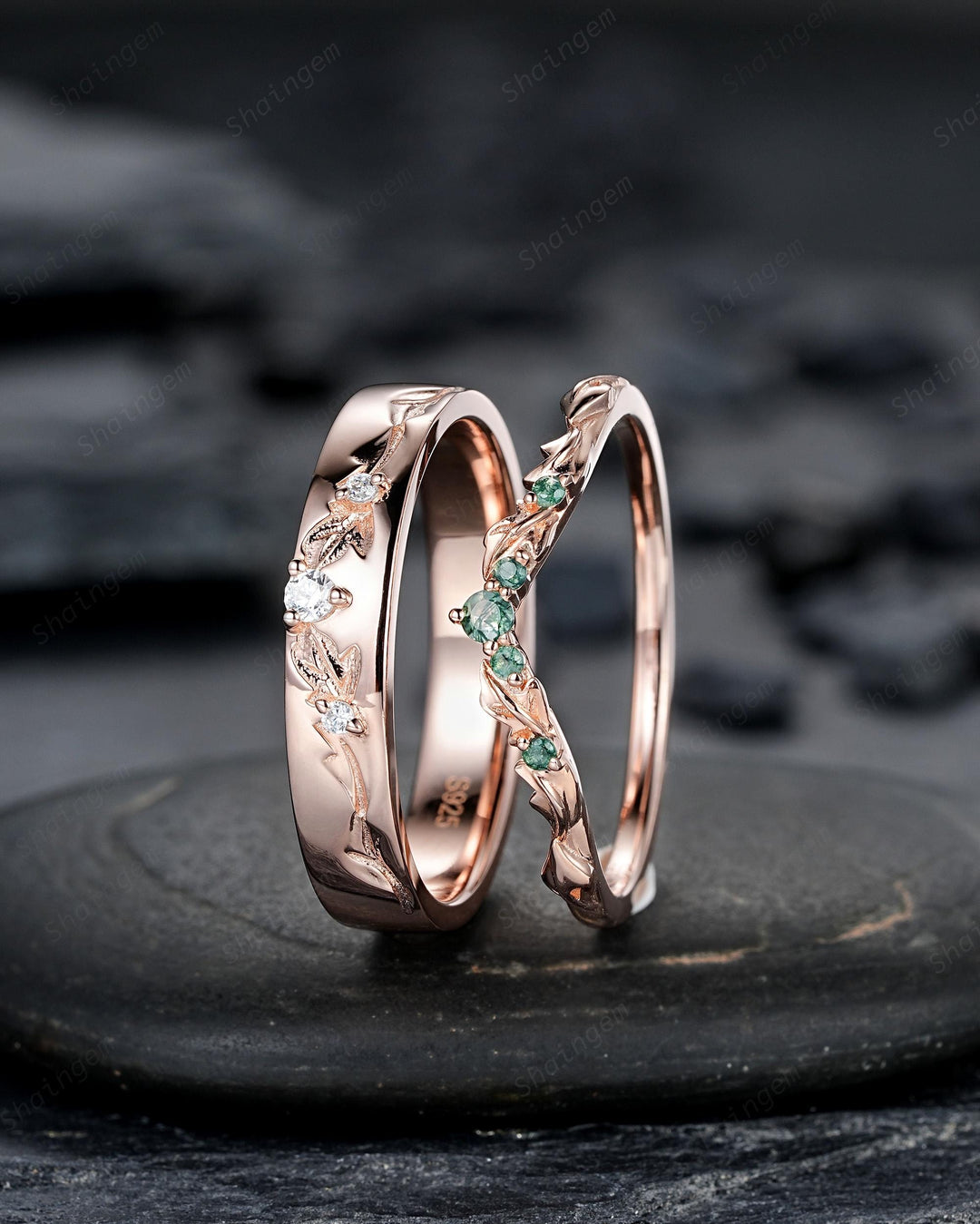 Engraved Leaf His and Hers Couple Ring Set: Rose Gold Moss Agate Wedding Bands, Men & Women Matching Bands, Engagement Band 24K Gold Plated - ShainJewelry