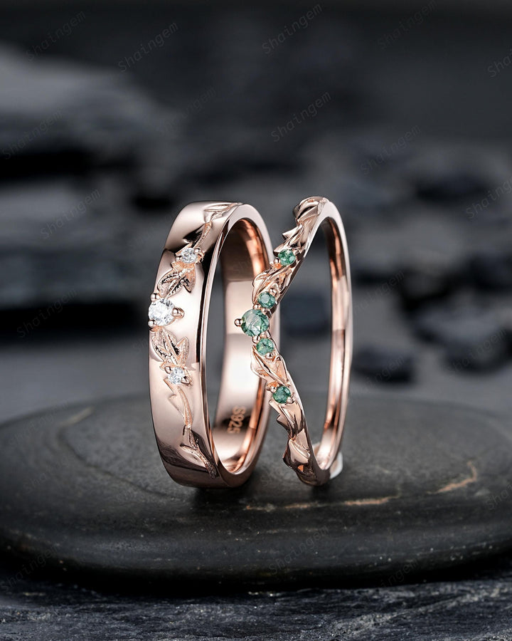 Engraved Leaf His and Hers Couple Ring Set: Rose Gold Moss Agate Wedding Bands, Men & Women Matching Bands, Engagement Band 24K Gold Plated - ShainJewelry