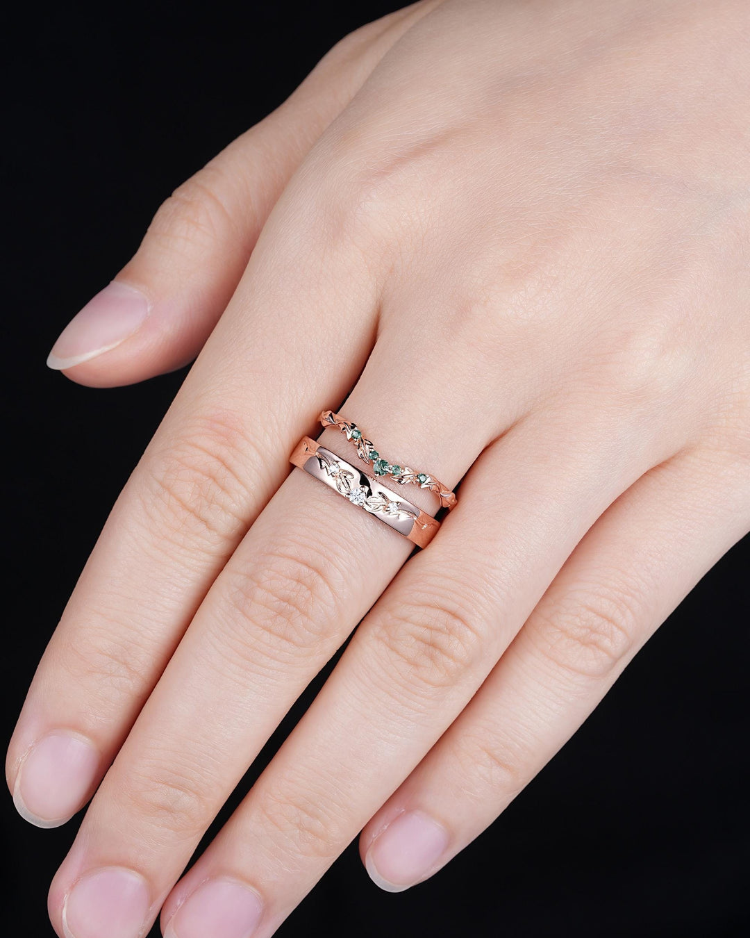 Engraved Leaf His and Hers Couple Ring Set: Rose Gold Moss Agate Wedding Bands, Men & Women Matching Bands, Engagement Band 24K Gold Plated - ShainJewelry