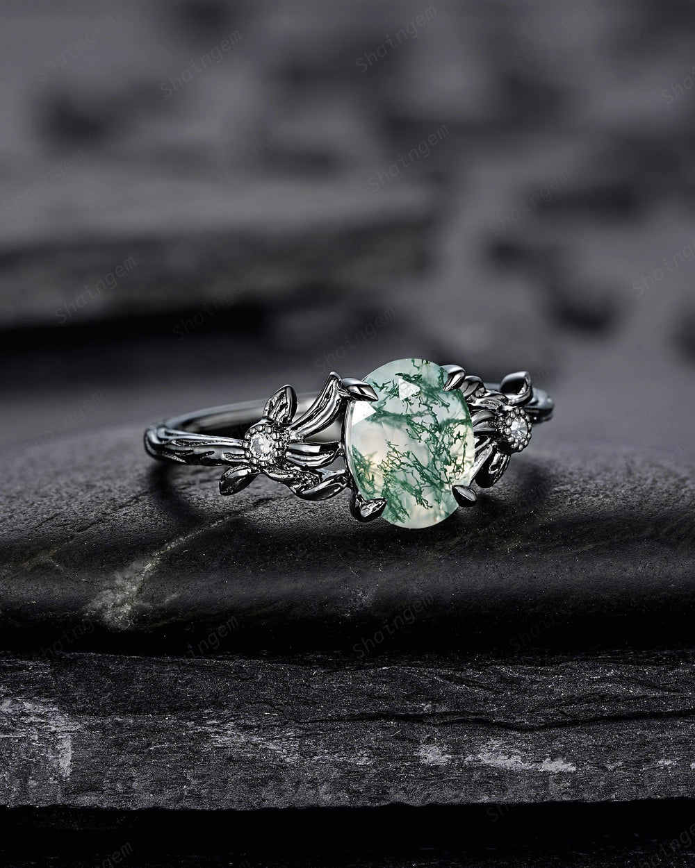 Gothic Oval Shape Moss Agate Black Leaf Engagement Ring, Black Rhodium Vine Promise Ring, Punk Dark Wedding Ring, Black Gold Ring for her - ShainJewelry
