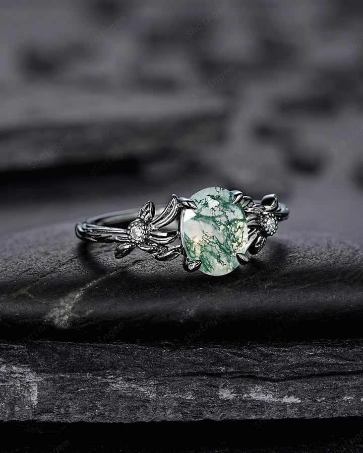 Gothic Oval Shape Moss Agate Black Leaf Engagement Ring, Black Rhodium Vine Promise Ring, Punk Dark Wedding Ring, Black Gold Ring for her - ShainJewelry