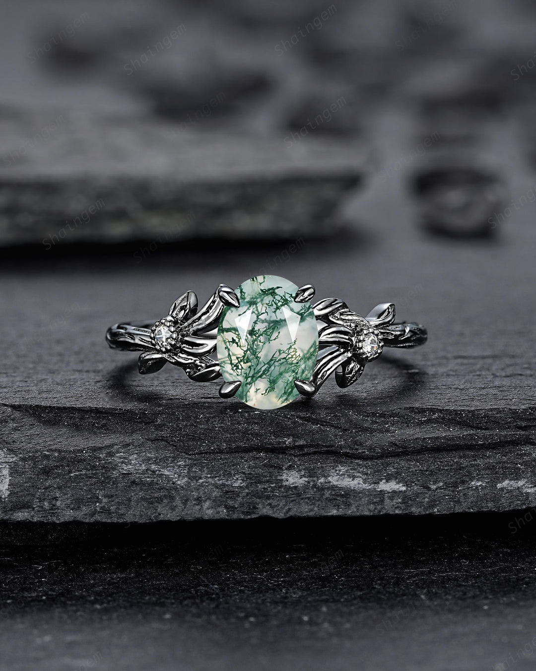 Gothic Oval Shape Moss Agate Black Leaf Engagement Ring, Black Rhodium Vine Promise Ring, Punk Dark Wedding Ring, Black Gold Ring for her - ShainJewelry
