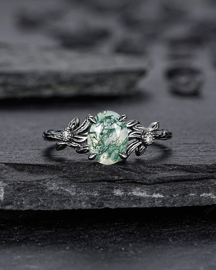 Gothic Oval Shape Moss Agate Black Leaf Engagement Ring, Black Rhodium Vine Promise Ring, Punk Dark Wedding Ring, Black Gold Ring for her - ShainJewelry