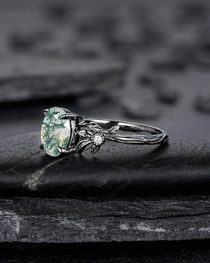 Gothic Oval Shape Moss Agate Black Leaf Engagement Ring, Black Rhodium Vine Promise Ring, Punk Dark Wedding Ring, Black Gold Ring for her - ShainJewelry