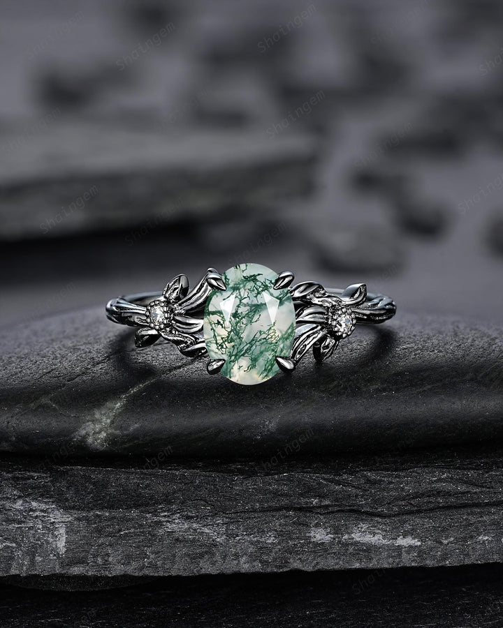 Gothic Oval Shape Moss Agate Black Leaf Engagement Ring, Black Rhodium Vine Promise Ring, Punk Dark Wedding Ring, Black Gold Ring for her - ShainJewelry