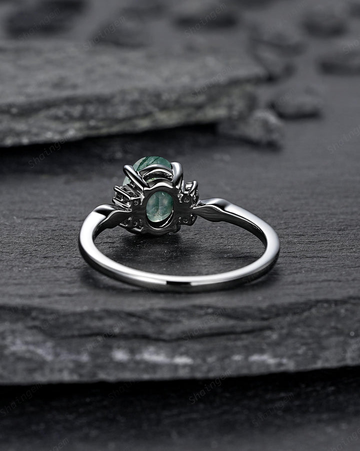 Gothic Oval Shape Moss Agate Engagement Ring, Black Rhodium Promise Ring, Punk Dark Wedding Ring, Black Gold Ring for Women - ShainJewelry
