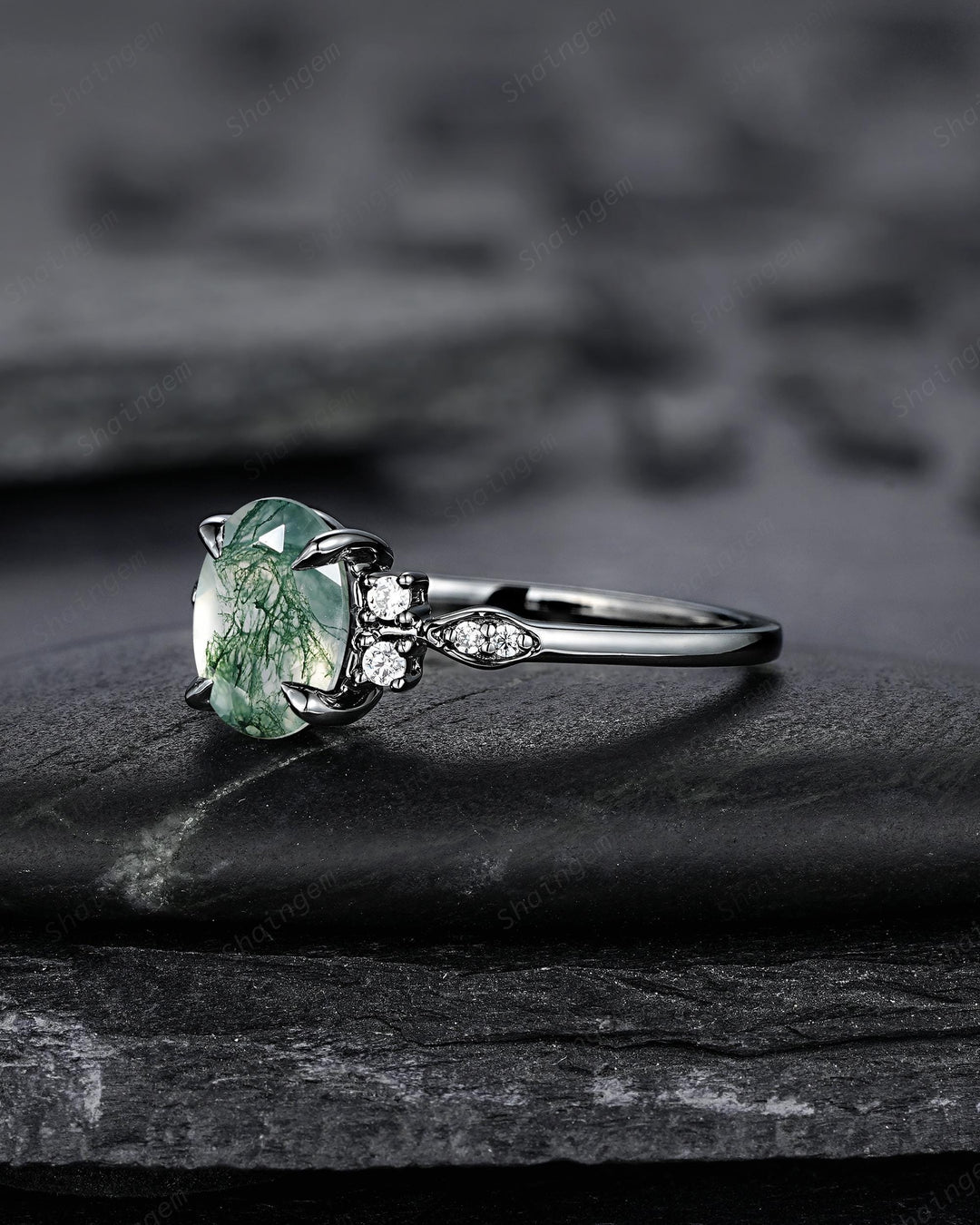 Gothic Oval Shape Moss Agate Engagement Ring, Black Rhodium Promise Ring, Punk Dark Wedding Ring, Black Gold Ring for Women - ShainJewelry