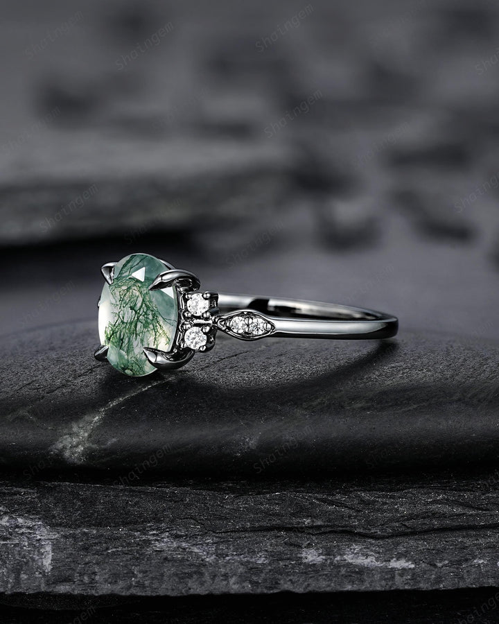 Gothic Oval Shape Moss Agate Engagement Ring, Black Rhodium Promise Ring, Punk Dark Wedding Ring, Black Gold Ring for Women - ShainJewelry