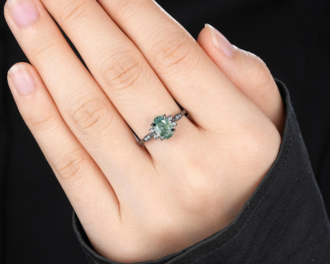 Gothic Oval Shape Moss Agate Engagement Ring, Black Rhodium Promise Ring, Punk Dark Wedding Ring, Black Gold Ring for Women - ShainJewelry