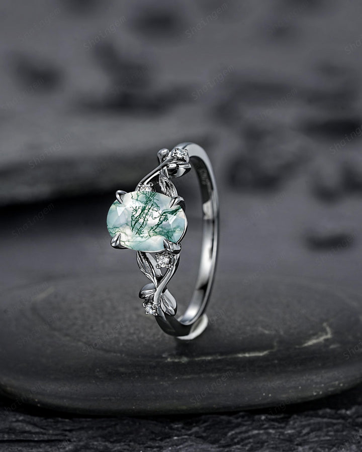 Gothic Oval Shape Moss Agate Engagement Ring, Black Rhodium Leaf Vine Promise Ring, Punk Dark Wedding Ring, Black Gold Twig Branch - ShainJewelry