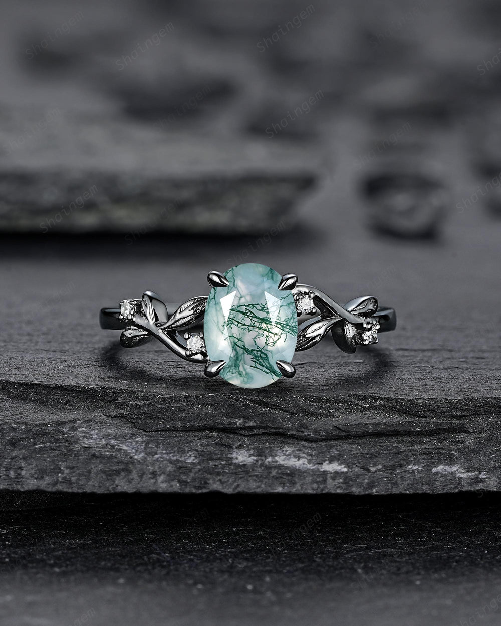 Gothic Oval Shape Moss Agate Engagement Ring, Black Rhodium Leaf Vine Promise Ring, Punk Dark Wedding Ring, Black Gold Twig Branch - ShainJewelry